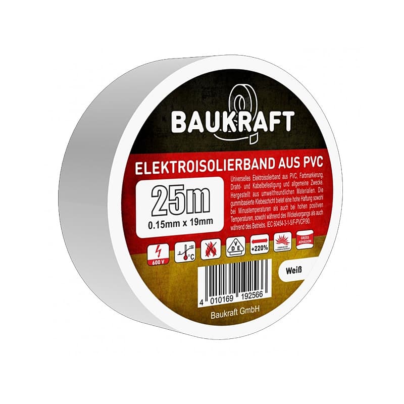Ізоляційна стрічка ПВХ 0,15ммx19ммx25м біла, TM BAUKRAFT
