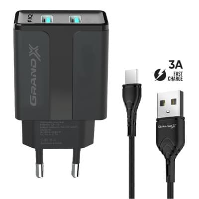 Зарядний пристрій Grand-X CH-15T 5V 2.1A 2USB Black + cable USB -> Type-C (CH-15T)