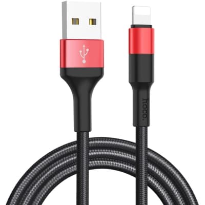 Дата кабель USB 2.0 AM to Lightning 1.0m 2A 18W nylon black+red HOCO (6957531080190)