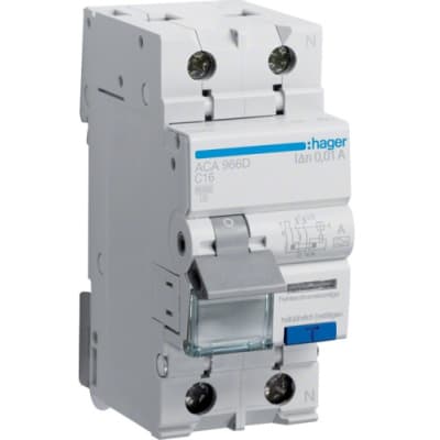 Диференціальний автоматичний вимикач Hager 1-п.+N 16A C 10mA (6kA) A (B) (ACA966D)