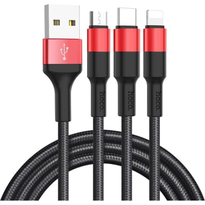 Дата кабель USB 2.0 AM to Lightning + Micro 5P + USB-C 1.0m Xpress one X26 black+red HOCO (6957531080282)
