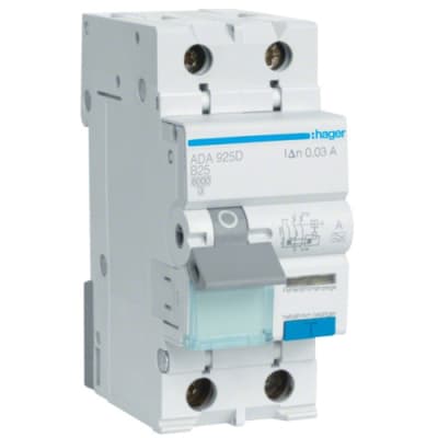 Диференціальний автоматичний вимикач Hager 1-п.+N 25A B 30mA (6kA) A (B) (ADA925D)
