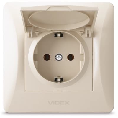 Розетка Videx BINERA 1ая із заземленням і кришкою крем (VF-BNSK1GС-CR)