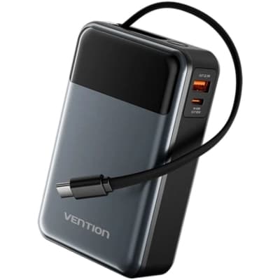 Батарея універсальна VENTION 20000mAh 65W 3A PD, QC/3.0, USB-A, Type-C OUT, with Built-in USB-C Cable, LED Display (FHYB0_)