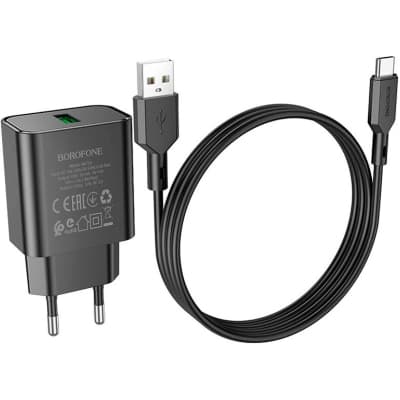 Зарядний пристрій BOROFONE BA72A Spring USB QC3.0 + cable USB to USB-C 18W Black (6974443388589)