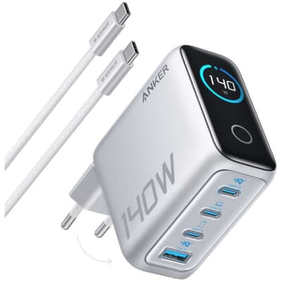 Зарядний пристрій Anker Laptop GaN 140W 3xUSB-C PD3.1 + USB-A + display + cable Silver (B2697G41)