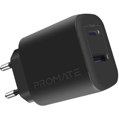 Зарядний пристрій Promate 17W USB-C + USB-A (biplug-2.black)