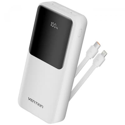 Батарея універсальна VENTION 20000mAh 22.5W 3A, PD, QC/3.0, Built-in USB-C+Lightning Cables, White (FHPW0)