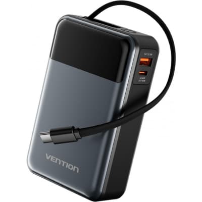 Батарея універсальна VENTION 20000mAh 65W 3A PD, QC/3.0, USB-A, Type-C OUT, with Built-in USB-C Cable, LED Display (FHYB0)
