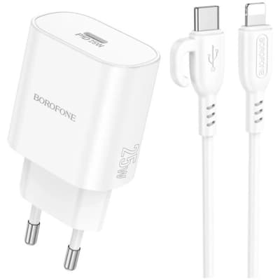 Зарядний пристрій BOROFONE BA82A Platinum USB-C PD25W + cable USB-C to Lightning White (6941991112263)
