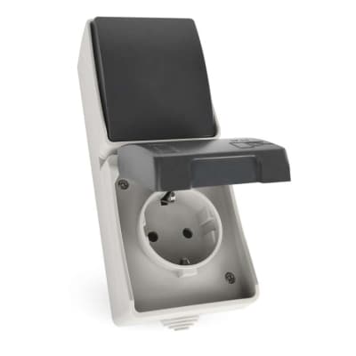 Розетка EMOS + вимикач прохідний вертикальний зовнішній сірий IP44 (A1396.4)