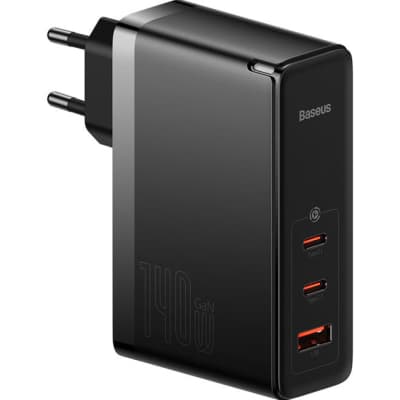 Зарядний пристрій Baseus 2xUSB-C 140W + 1xUSB GaN + cable USB-C to USB-C black (CCGP100201)