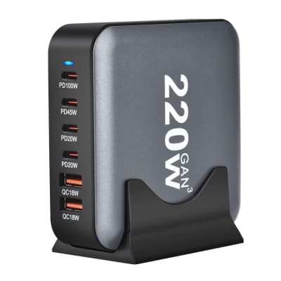 Зарядний пристрій XoKo 1xUSB-С PD100W + 1xUSB-С PD45W + 2xUSB-С PD20W + 2xUSB QC18W 220W GaN (QC-220)