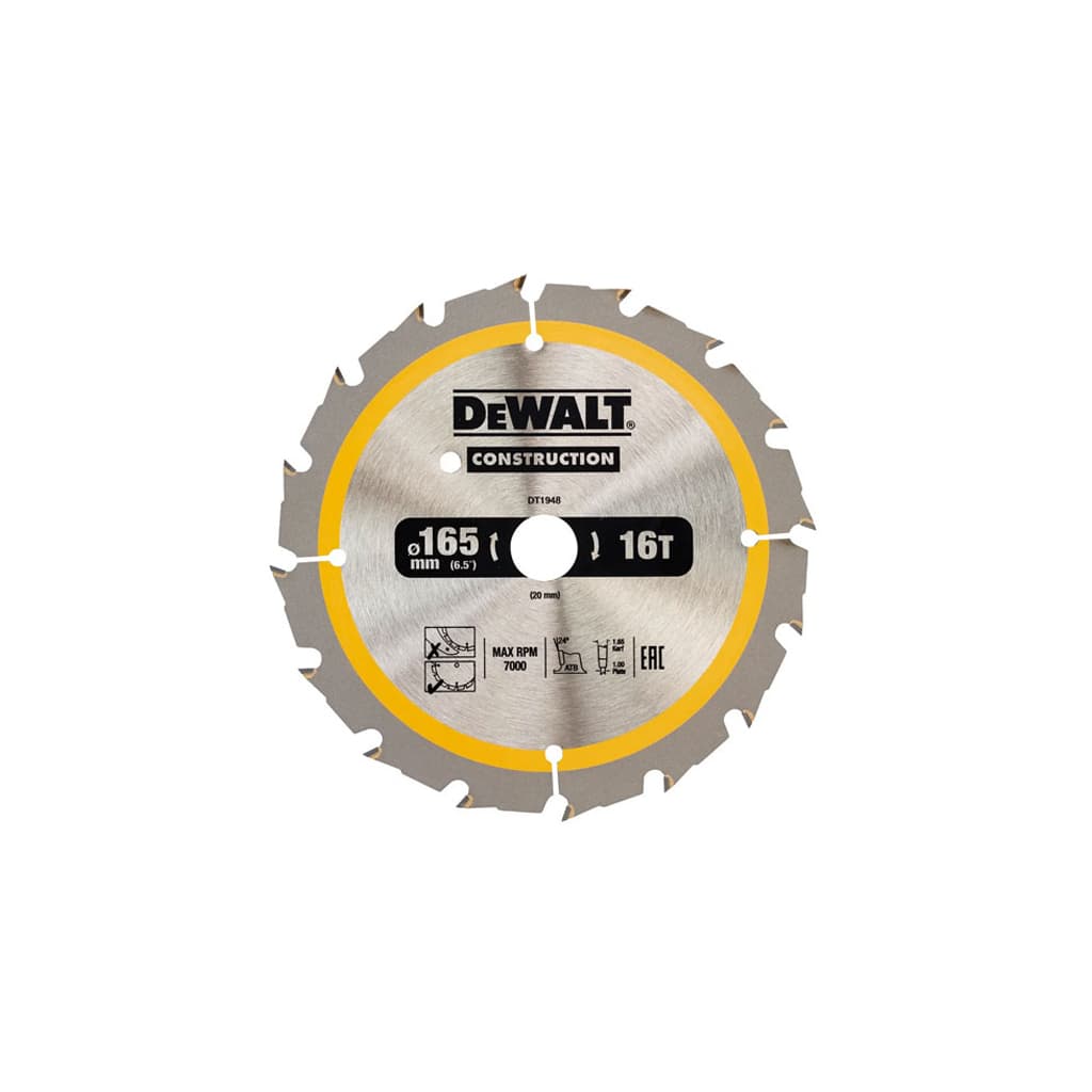 Диск пильний DeWALT CONSTRUCTION 165 х 20 мм, 16z (ATB), 20 градусів (DT1948)