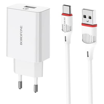 Зарядний пристрій BOROFONE BA21A USB + cable USB to USB-C 15W White (BA21A/TCW)