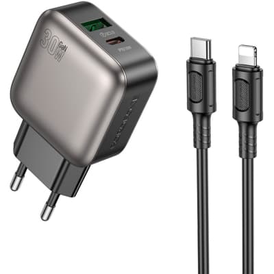 Зарядний пристрій BOROFONE BAS55A Absolute 1xUSB-C PD30W + 1xUSB QC3.0 + cable USB-C to Lightning Black (6941991116247)