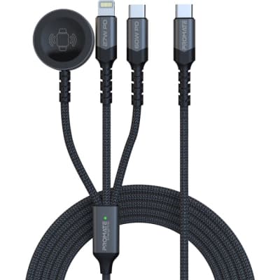 Дата кабель USB-C to Lightning 27W + USB-C 60W + Apple Watch 2.5W 1.5m icharge trio black Promate (icharge-trio.black)