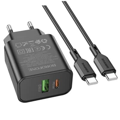 Зарядний пристрій BOROFONE BA88A 1xUSB-C PD20W + 1xUSB QC3.0 + cable USB-C to USB-C Black (BA88A/20WTcB)