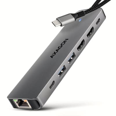 Концентратор AXAGON USBC to 2xUSBA + 1xUSBC + 2xHDMI + RJ45 + PD100W 0.15m gray (HMC-7HX2)