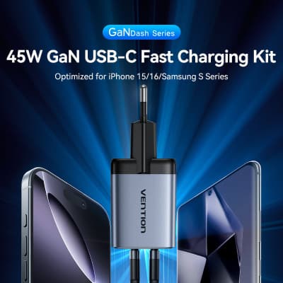 Зарядний пристрій VENTION 2xUSB-C PD45W GaN + cable USB-C to USB-C 1.0m black gray (TZ-FCDH0-EU)