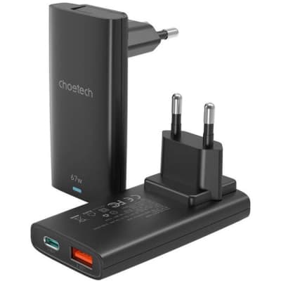 Зарядний пристрій Choetech 2xUSB 65W GaN (USB-C+USB-A) Ultra thin (PD6011-EU-BK)