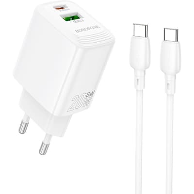 Зарядний пристрій BOROFONE BN27 Fuente 1xUSB-C PD20W + 1xUSB QC3.0 + cable USB-C to USB-C White (6941991120282)