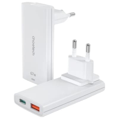 Зарядний пристрій Choetech 2xUSB 65W GaN (USB-C+USB-A) Ultra thin (PD6011-EU-WH)
