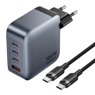 Зарядний пристрій VENTION 3xUSB-C PD100W + 1xUSB QC3.0 30W GaN + cable USB-C to USB-C 1.0m gray (TZ-FETH0-EU)