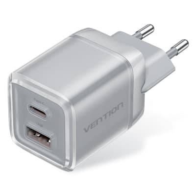 Зарядний пристрій VENTION 1xUSB-C PD70W + 1xUSB QC3.0 22.5W GaN transparent gray (FCGH0-EU)