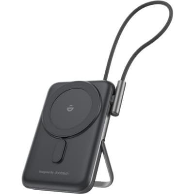 Батарея універсальна Choetech Magnetic Wireless 10000mAh 20W, PD, Qi-15W, USB-C In/Out, build-in cabel, Black (B735-CCBK)