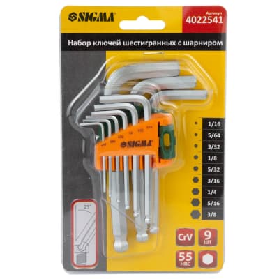 Ключ Sigma шестигранний 9шт 1/16-3/8" CrV (короткий) (4022541)