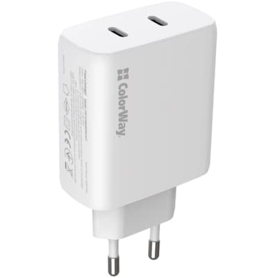 Зарядний пристрій ColorWay GaN Mini 50W PD Port PPS USB (Type-C PD 30W + Type-C PD 20W) white (CW-CHS050PD-WT)