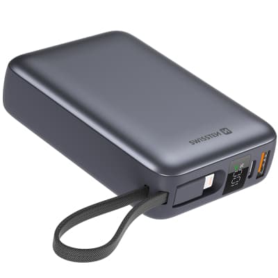 Батарея універсальна SWISSTEN 20000mAh SPACE 22/5W PD QC w/built-in cables USB-C/LIGHTNING Silver (8595217490598)