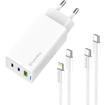 Зарядний пристрій ColorWay GaN Mini 65W PD Port PPS USB (USB-2C1A) cable Type-C&Lightning (CW-CHS058PDCL-WT)