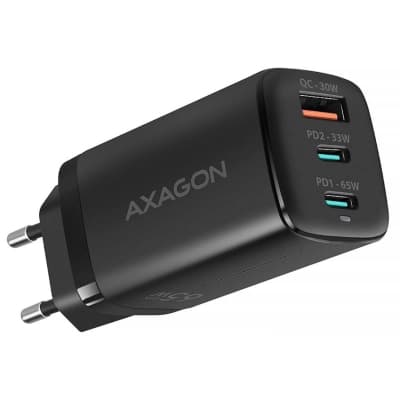 Мережевий зарядний пристрій AXAGON ACU-DPQ65, 3x port (USB + dual USB-C), PD3.0/QC4+/PPS/Apple, 65W, Чорний