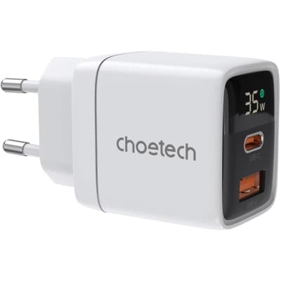 Зарядний пристрій Choetech 1xUSB + 1xUSB-C PD35W with display white (PD6052-EU-WH)