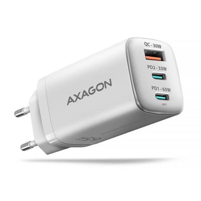 Мережевий зарядний пристрій AXAGON ACU-DPQ65W, 3x port (USB + dual USB-C), PD3.0/QC4+/PPS/Apple, 65W, Білий