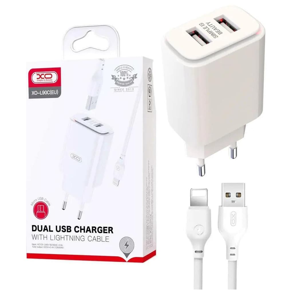 Зарядний пристрій XO L90C (2USB/2.4A) + USB - Lightning White (XO-L90C-L)