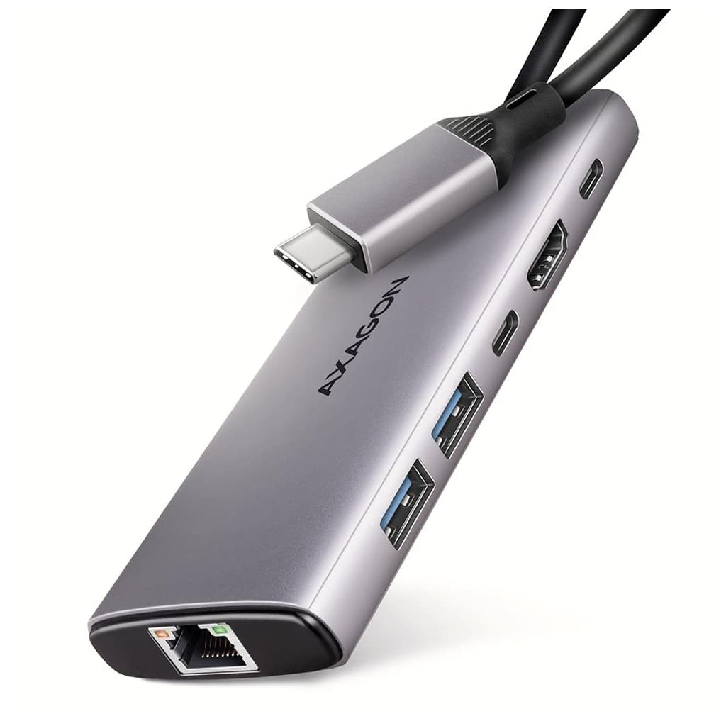 Концентратор AXAGON USB-C to 2xUSB-A + 1xUSB-C + HDMI + RJ45 + PD100W 0.15m gray (HMC-6G2L)