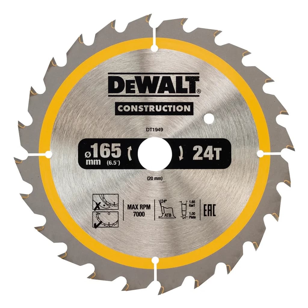 Диск пильний DeWALT CONSTRUCTION 165 х 20 мм, 24z (ATB), 20 гр. (DT1949)