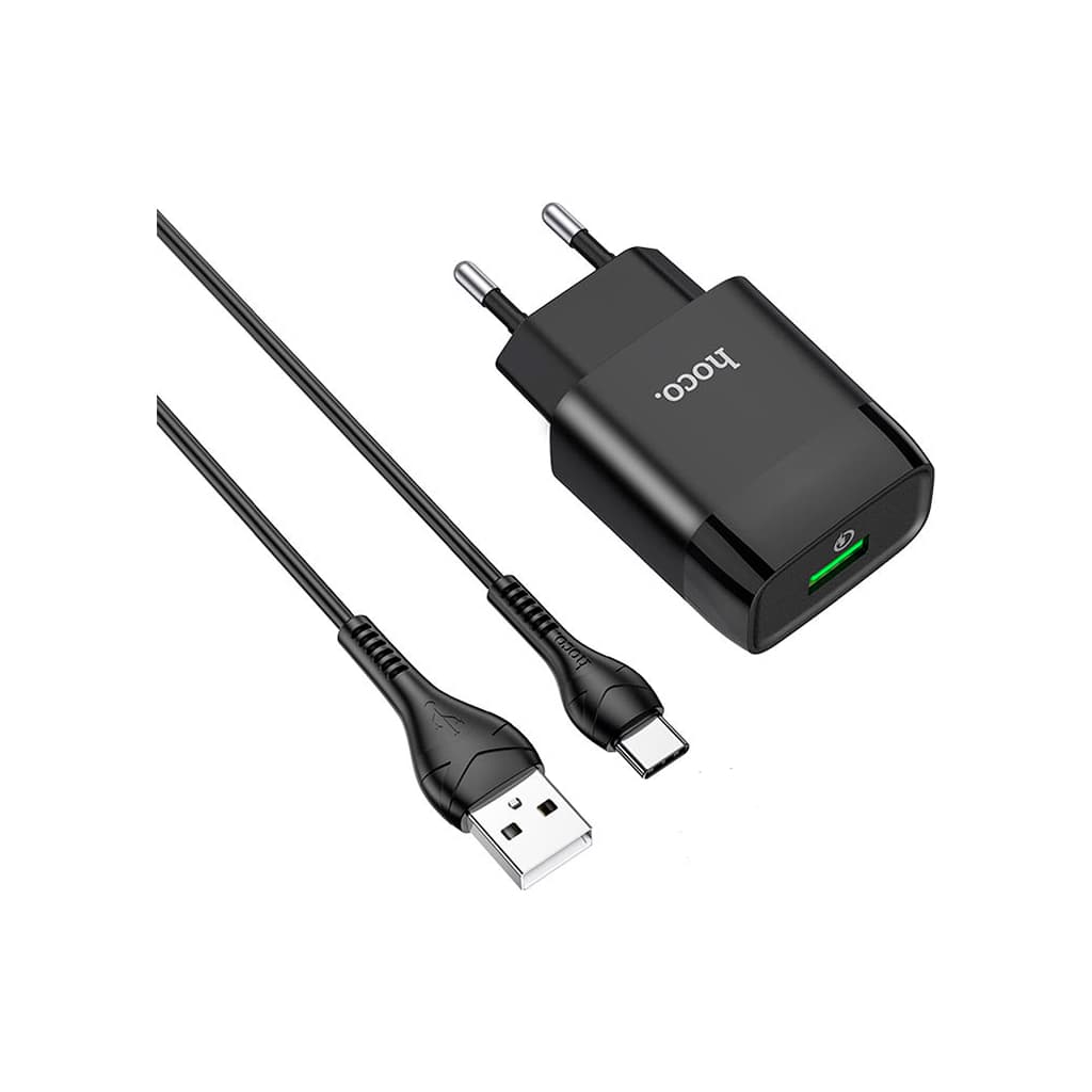 Зарядний пристрій HOCO C72Q Glorious USB QC3.0 + cable USB to USB-C 18W Black (6931474732545)