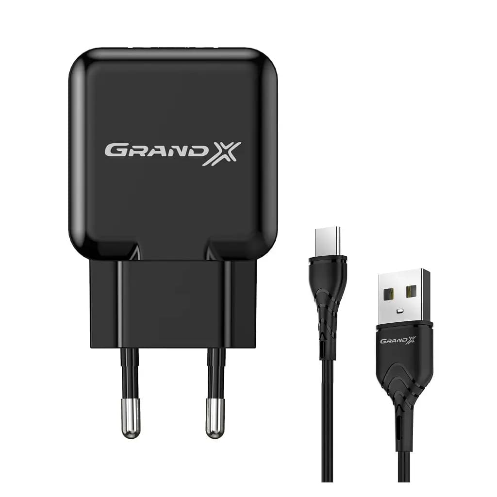 Зарядний пристрій Grand-X CH-03T USB 5V 2,1A Black + cable USB -> Type C, Cu, 4A, TPE (CH-03T)
