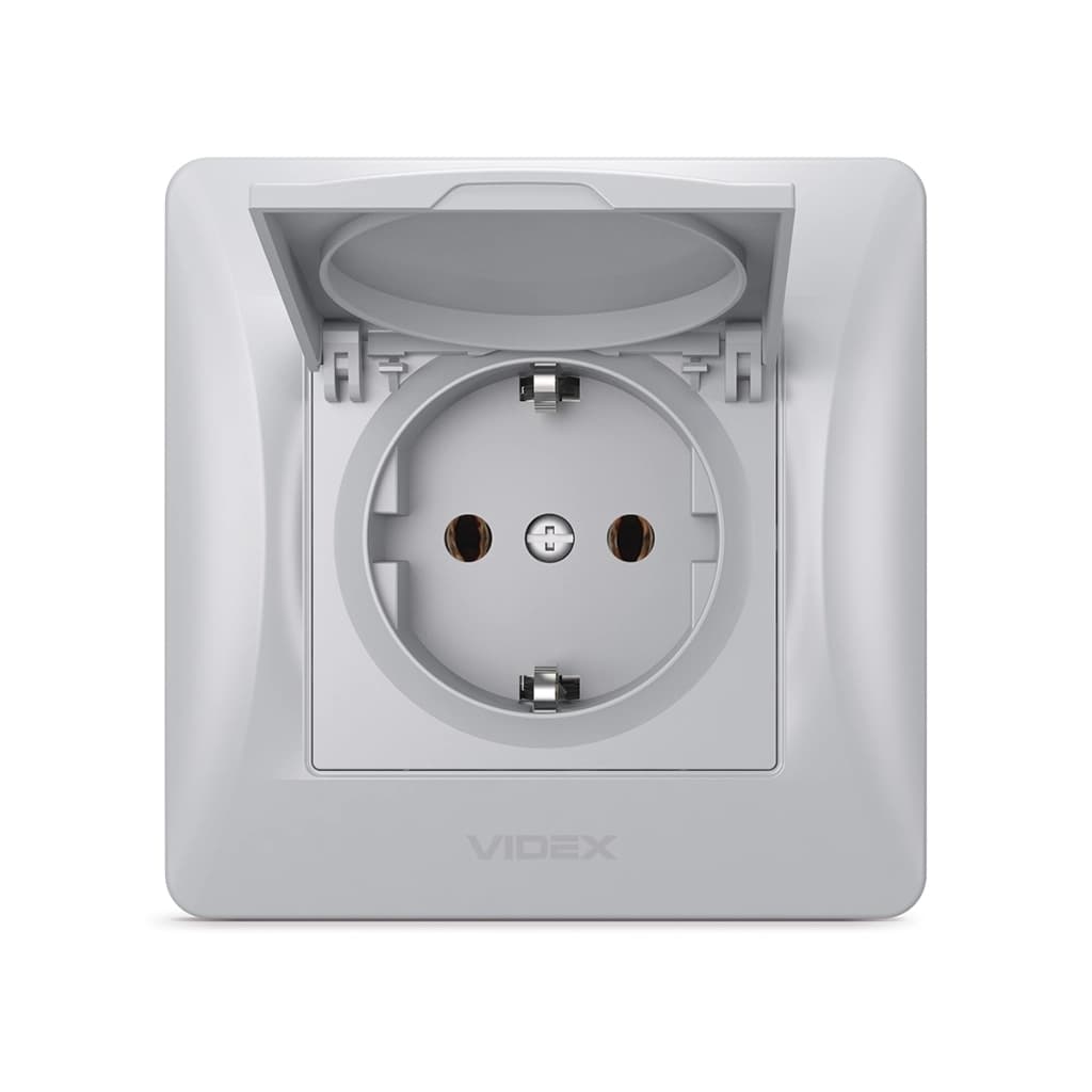 Розетка Videx BINERA 1ая із заземленням і кришкою сріб (VF-BNSK1GС-SS)