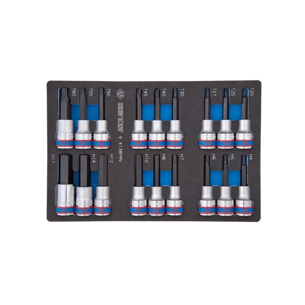 Набір торцевих головок KING TONY торцевих головок 1/2", TORX, HEX, L = 80 мм, в ложемент, 18 шт. (9-4138PRV)