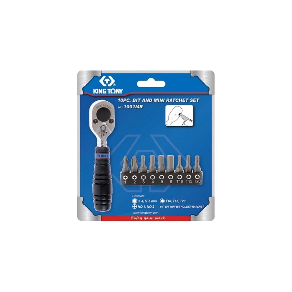 Тріскачка KING TONY під біти та головки 1/4" з набором біт 10 шт (1001MR)
