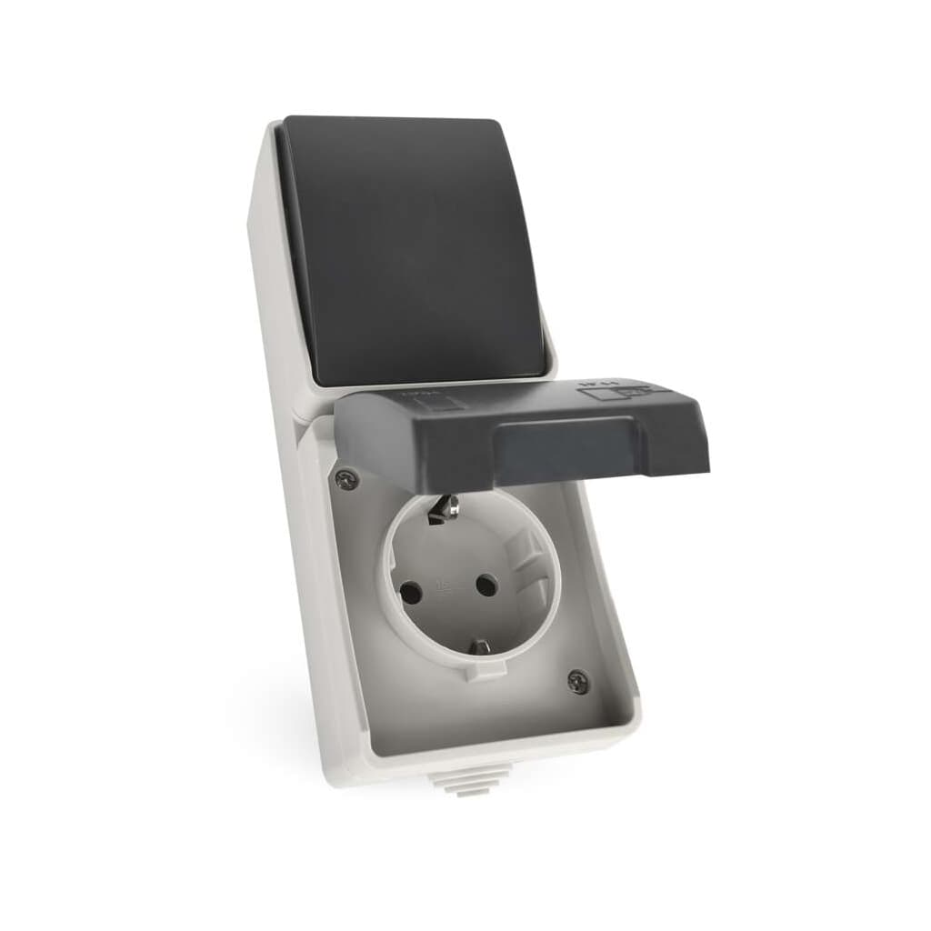 Розетка EMOS + вимикач прохідний вертикальний зовнішній сірий IP44 (A1396.4)