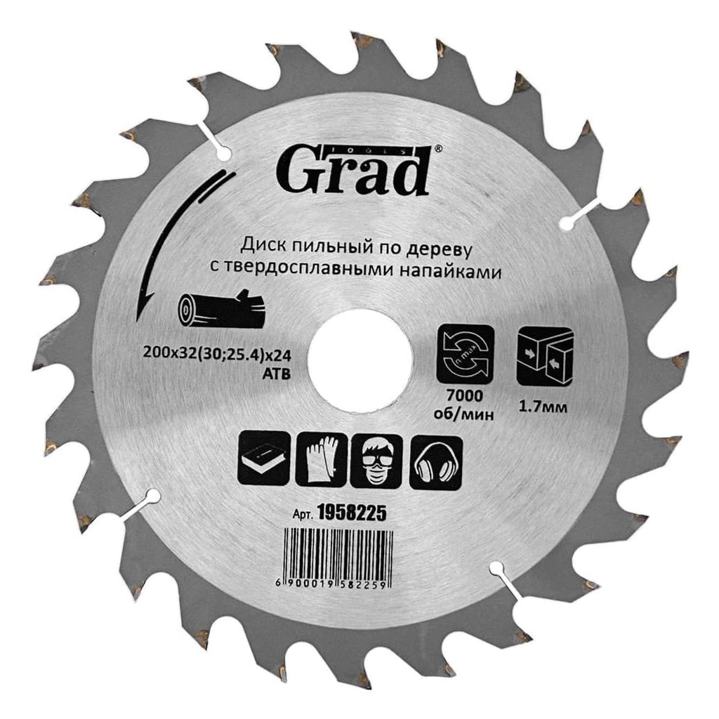 Диск пильний Grad по дереву з твердосплавними напайками Ø200×32(30;25.4)×24Т, 7000об/хв GRAD (1958225) (1958225)