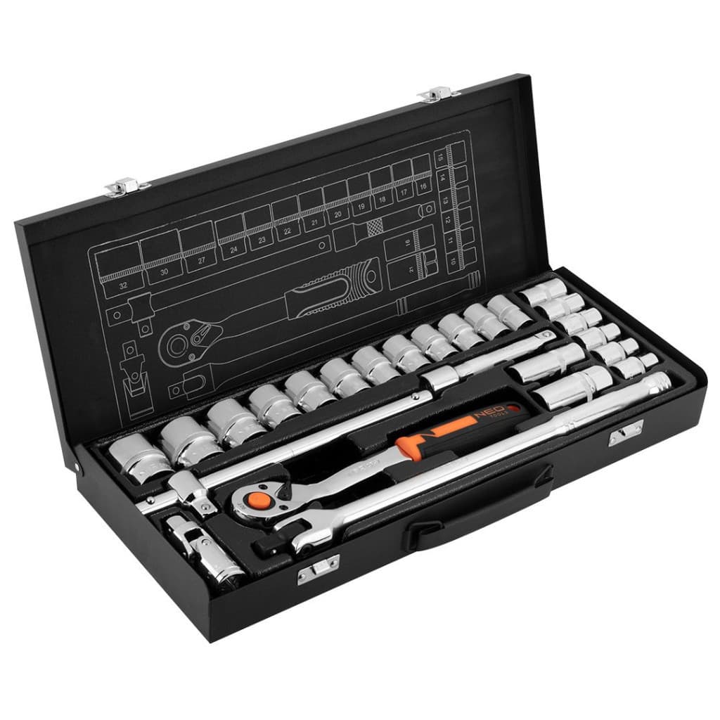 Набір торцевих головок Neo Tools 25шт, 1/2", CrV, металевий кейс (10-036)