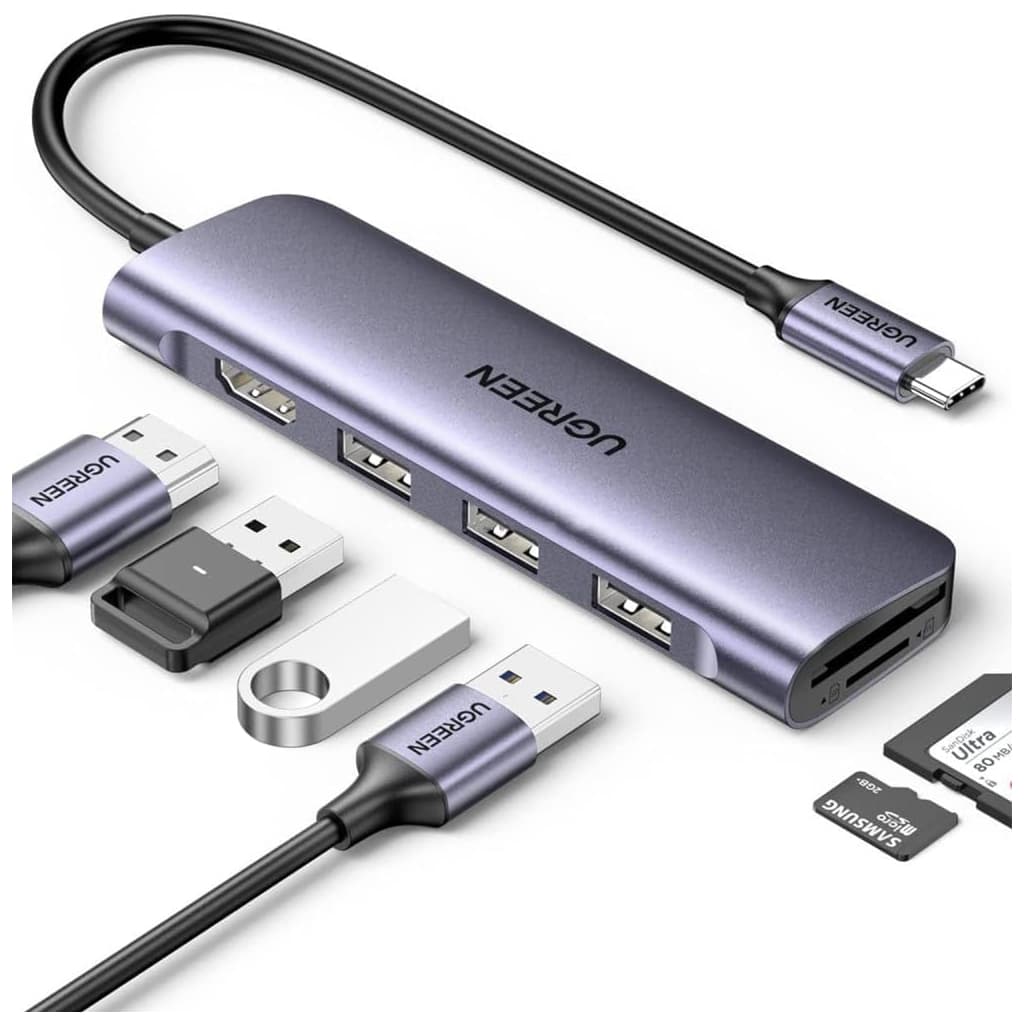 Концентратор Ugreen USB-C 6-in-1 3xUSB 3.0 + HDMI 4K@30Hz + SD/TF silver (20956A)