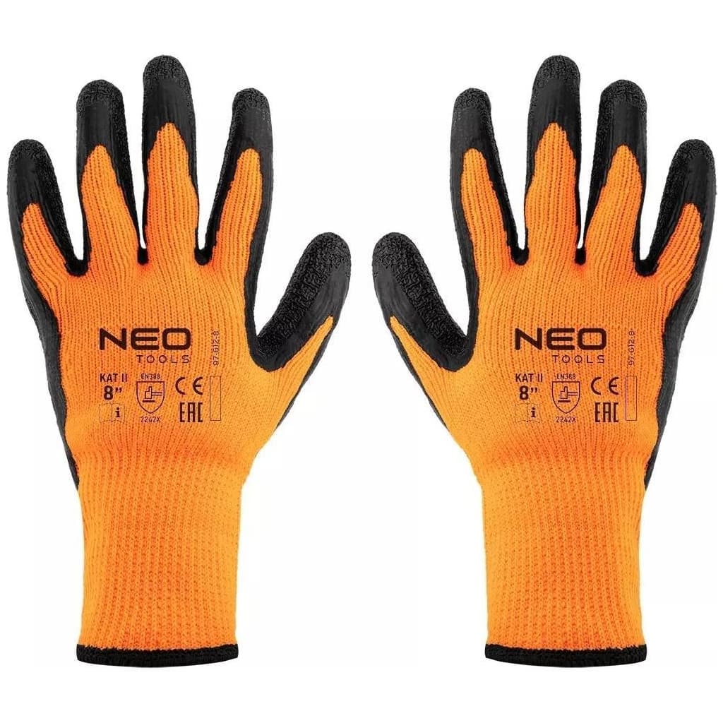 Захисні рукавиці Neo Tools латексне покриття, поліестер, р.8, помаранчево чорні (97-612-8)
